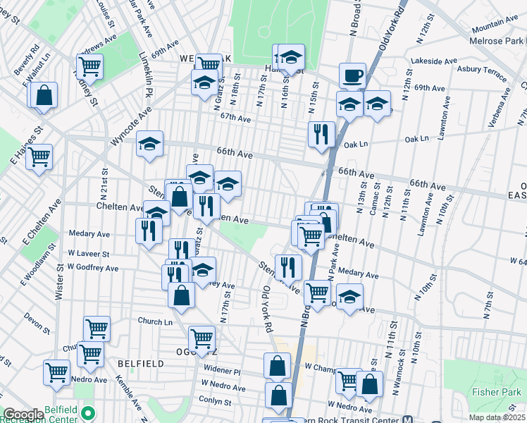 map of restaurants, bars, coffee shops, grocery stores, and more near 6420 North 16th Street in Philadelphia