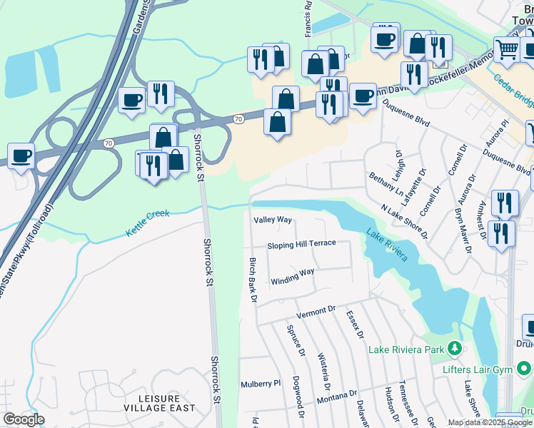 map of restaurants, bars, coffee shops, grocery stores, and more near 409 Valley Way in Brick Township