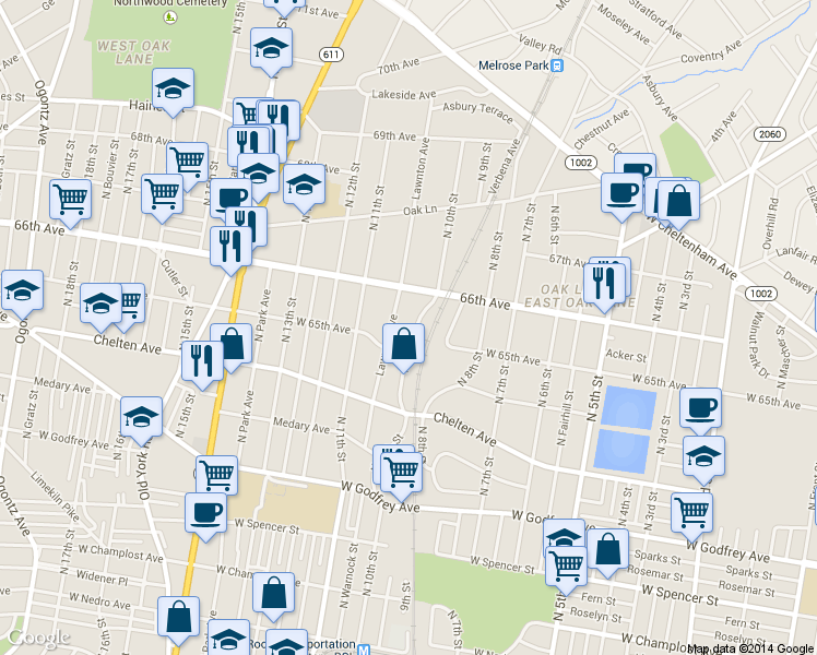 map of restaurants, bars, coffee shops, grocery stores, and more near 6506 North 10th Street in Philadelphia