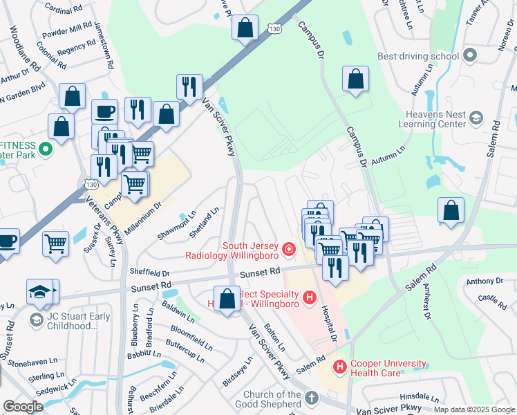 map of restaurants, bars, coffee shops, grocery stores, and more near 72 Southampton Drive in Willingboro