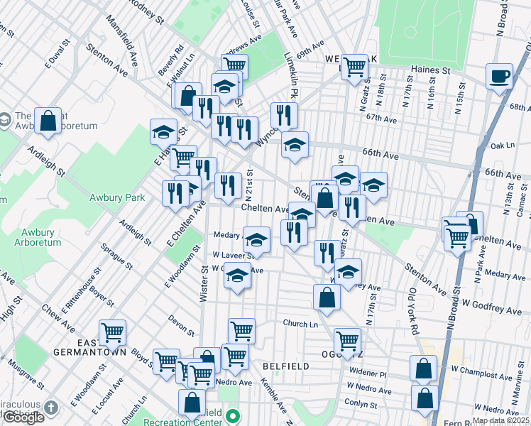 map of restaurants, bars, coffee shops, grocery stores, and more near 2028 East Chelten Avenue in Philadelphia
