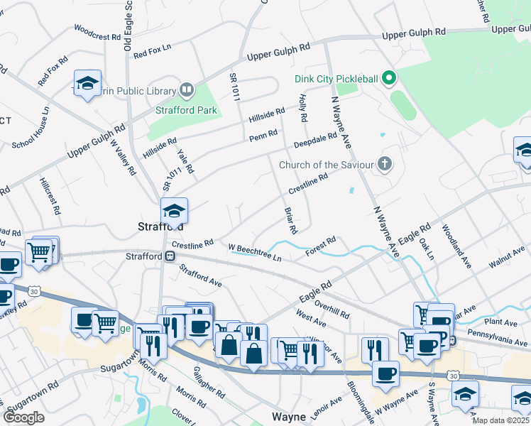 map of restaurants, bars, coffee shops, grocery stores, and more near 50 Crestline Road in Wayne
