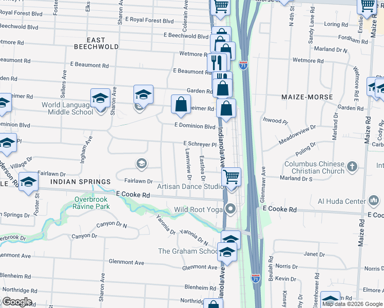 map of restaurants, bars, coffee shops, grocery stores, and more near 4282 Lawnview Drive in Columbus