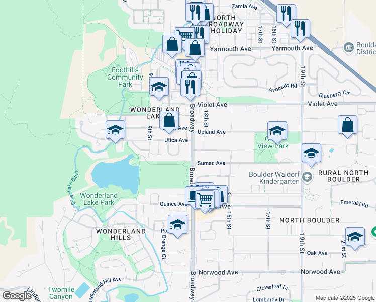 map of restaurants, bars, coffee shops, grocery stores, and more near in Boulder