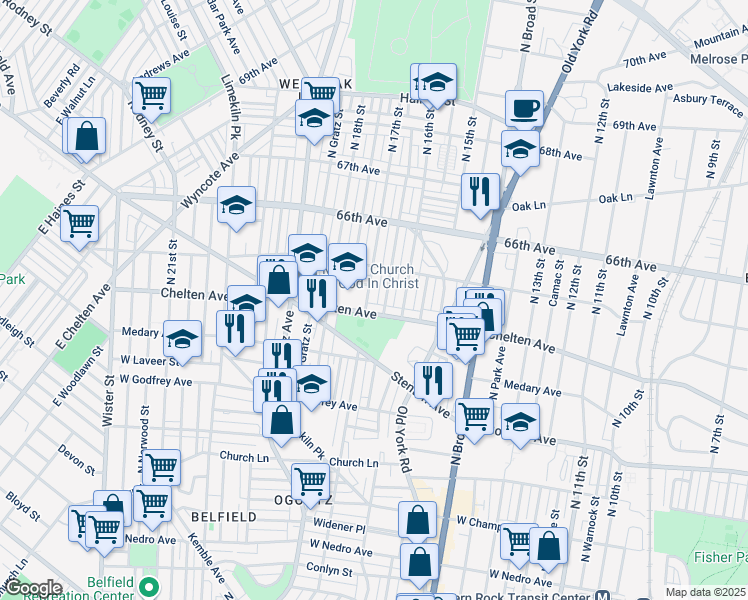 map of restaurants, bars, coffee shops, grocery stores, and more near 6417 North 17th Street in Philadelphia
