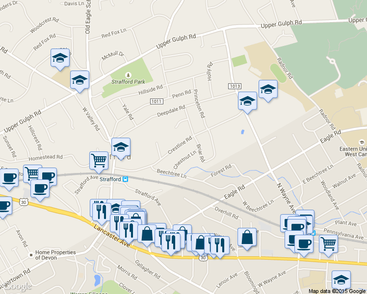 map of restaurants, bars, coffee shops, grocery stores, and more near 50 Crestline Road in Wayne