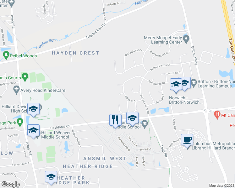 map of restaurants, bars, coffee shops, grocery stores, and more near 4772 Deepwood Ct in Hilliard