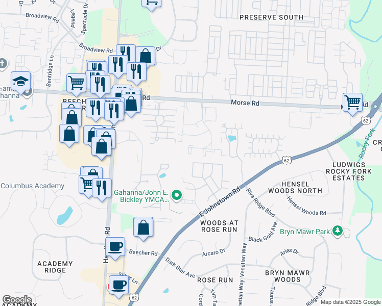 map of restaurants, bars, coffee shops, grocery stores, and more near 1284 Tobey Drive in Gahanna