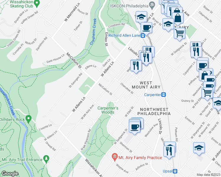 map of restaurants, bars, coffee shops, grocery stores, and more near 7141 McCallum Street in Philadelphia