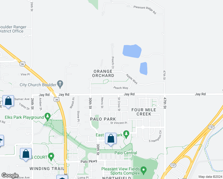 map of restaurants, bars, coffee shops, grocery stores, and more near 4273 Peach Way in Boulder