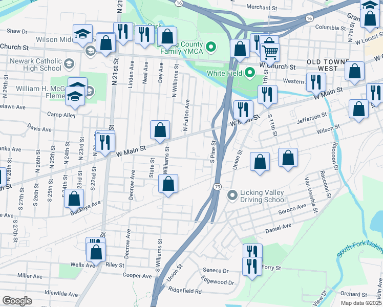 map of restaurants, bars, coffee shops, grocery stores, and more near 96 Maholm Street in Newark