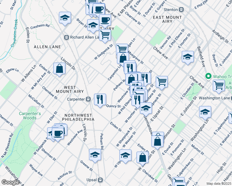 map of restaurants, bars, coffee shops, grocery stores, and more near 118 Pelham Road in Philadelphia
