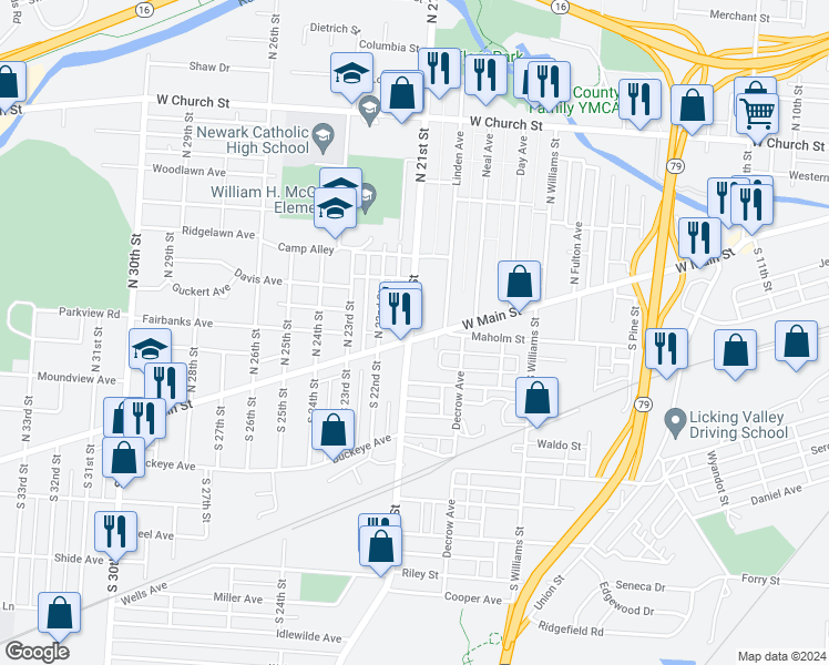 map of restaurants, bars, coffee shops, grocery stores, and more near 732 West Main Street in Newark