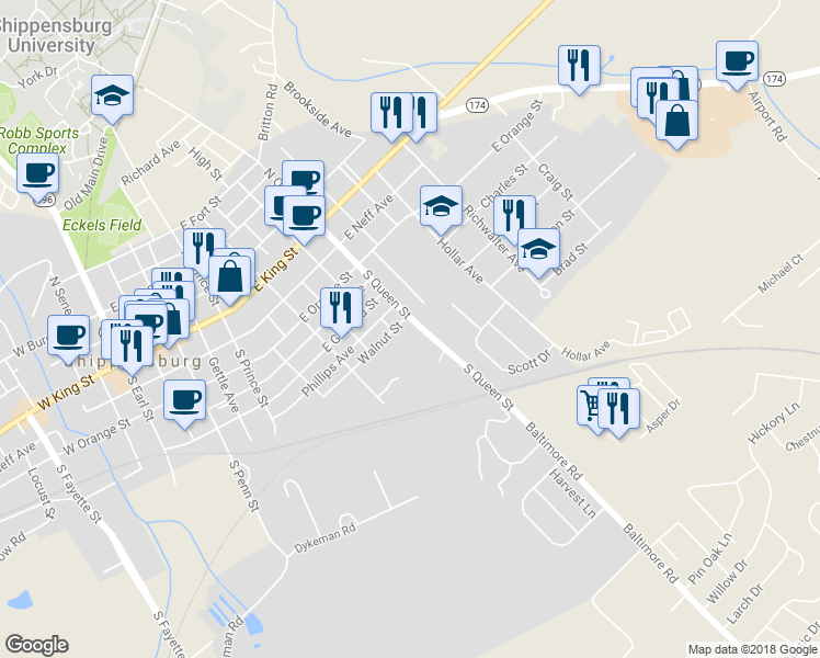 map of restaurants, bars, coffee shops, grocery stores, and more near 300 South Queen Street in Shippensburg