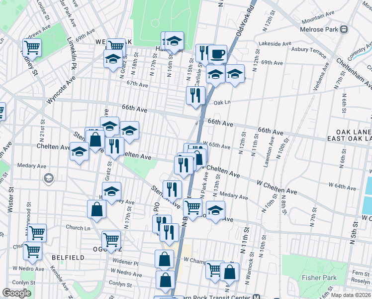 map of restaurants, bars, coffee shops, grocery stores, and more near 6413 Old York Road in Abington