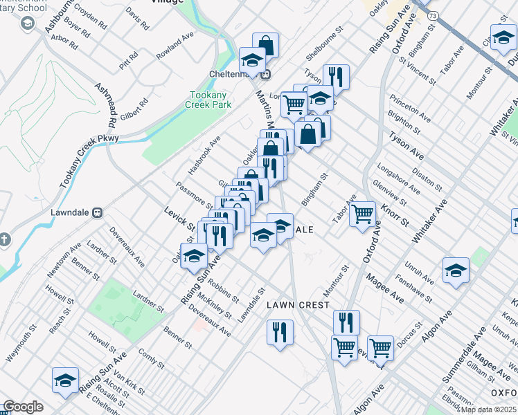 map of restaurants, bars, coffee shops, grocery stores, and more near 6525 Rising Sun Avenue in Philadelphia