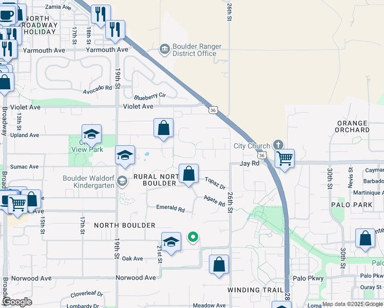 map of restaurants, bars, coffee shops, grocery stores, and more near 2233 Spotswood Place in Boulder