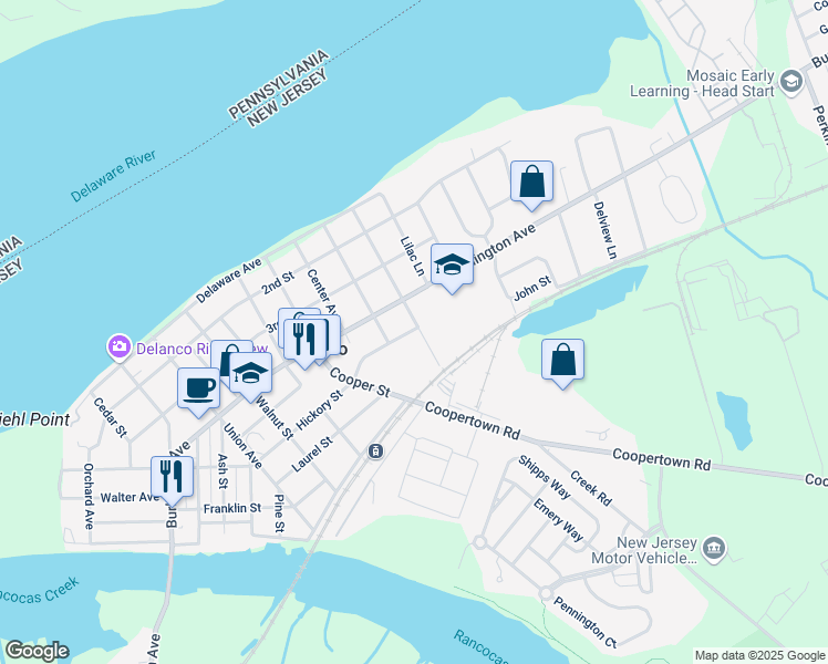 map of restaurants, bars, coffee shops, grocery stores, and more near 1105 Hickory Street in Delanco