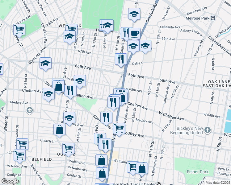 map of restaurants, bars, coffee shops, grocery stores, and more near 6451 Old York Road in Philadelphia