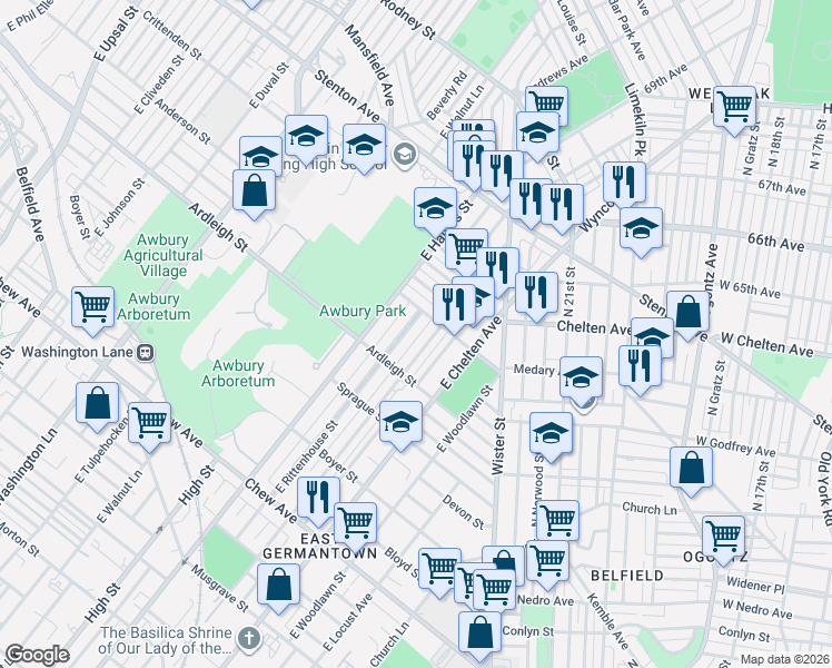 map of restaurants, bars, coffee shops, grocery stores, and more near 1154 East Price Street in Philadelphia
