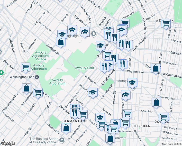 map of restaurants, bars, coffee shops, grocery stores, and more near 1121 East Rittenhouse Street in Philadelphia