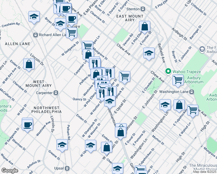 map of restaurants, bars, coffee shops, grocery stores, and more near 35 East Hortter Street in Philadelphia