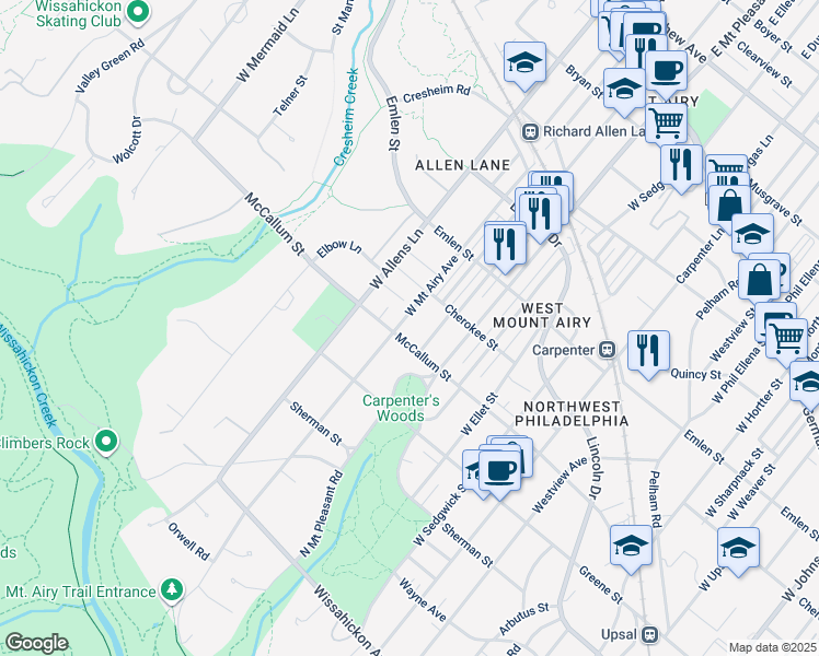 map of restaurants, bars, coffee shops, grocery stores, and more near 7141 McCallum Street in Philadelphia
