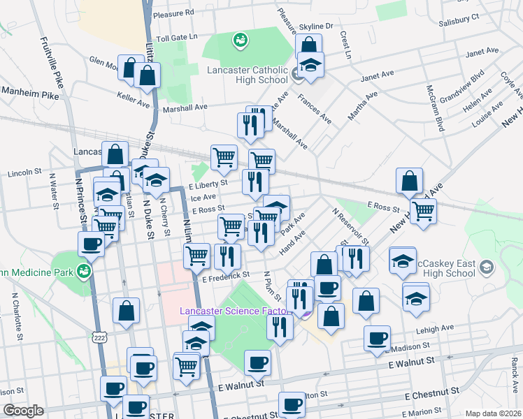 map of restaurants, bars, coffee shops, grocery stores, and more near 408 Rock Street in Lancaster
