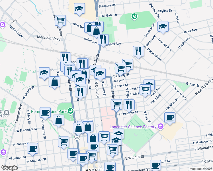 map of restaurants, bars, coffee shops, grocery stores, and more near 127 East Ross Street in Lancaster