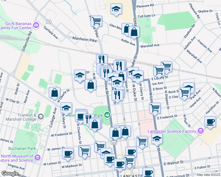 map of restaurants, bars, coffee shops, grocery stores, and more near 860 North Market Street in Lancaster