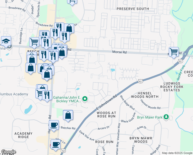 map of restaurants, bars, coffee shops, grocery stores, and more near 1268 Tobey Drive in Gahanna