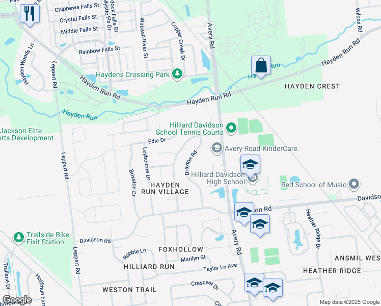 map of restaurants, bars, coffee shops, grocery stores, and more near 4894 Drayton Road in Hilliard