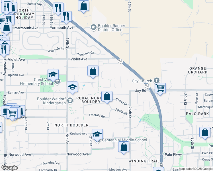 map of restaurants, bars, coffee shops, grocery stores, and more near 2233 Spotswood Place in Boulder