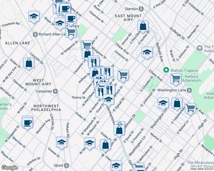 map of restaurants, bars, coffee shops, grocery stores, and more near 35 East Hortter Street in Philadelphia