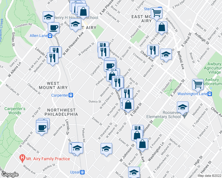 map of restaurants, bars, coffee shops, grocery stores, and more near 7 West Phil Ellena Street in Philadelphia