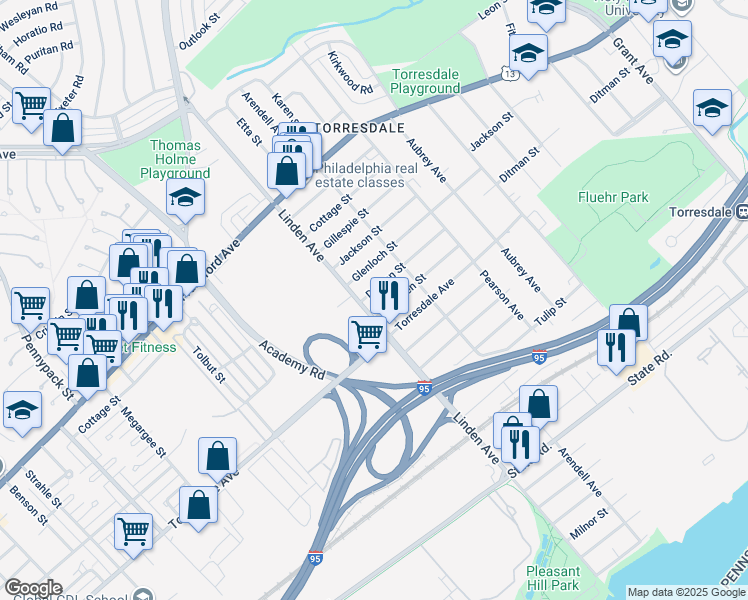 map of restaurants, bars, coffee shops, grocery stores, and more near 9205 Ditman Street in Philadelphia