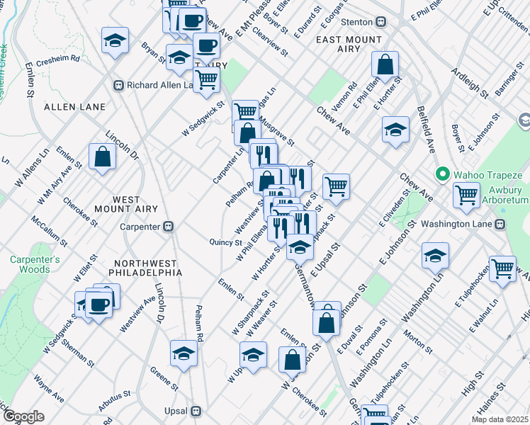 map of restaurants, bars, coffee shops, grocery stores, and more near 7 West Phil Ellena Street in Philadelphia