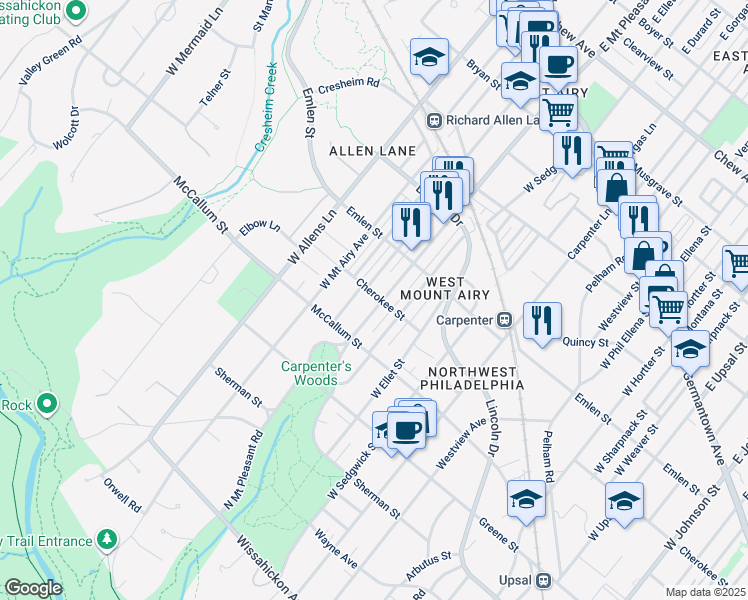 map of restaurants, bars, coffee shops, grocery stores, and more near 503 West Mount Pleasant Avenue in Philadelphia