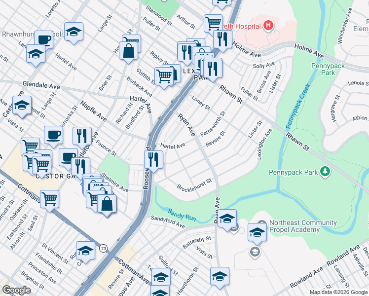 map of restaurants, bars, coffee shops, grocery stores, and more near 7707 Hartel Avenue in Philadelphia