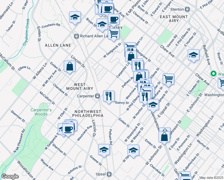 map of restaurants, bars, coffee shops, grocery stores, and more near 133 Pelham Road in Philadelphia