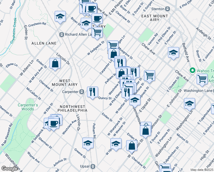 map of restaurants, bars, coffee shops, grocery stores, and more near 118 Pelham Road in Philadelphia
