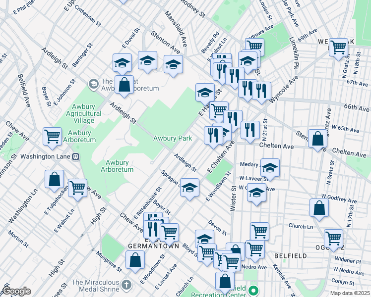 map of restaurants, bars, coffee shops, grocery stores, and more near 1121 East Rittenhouse Street in Philadelphia