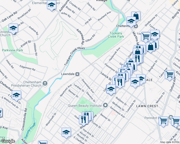 map of restaurants, bars, coffee shops, grocery stores, and more near 6316 Newtown Avenue in Philadelphia