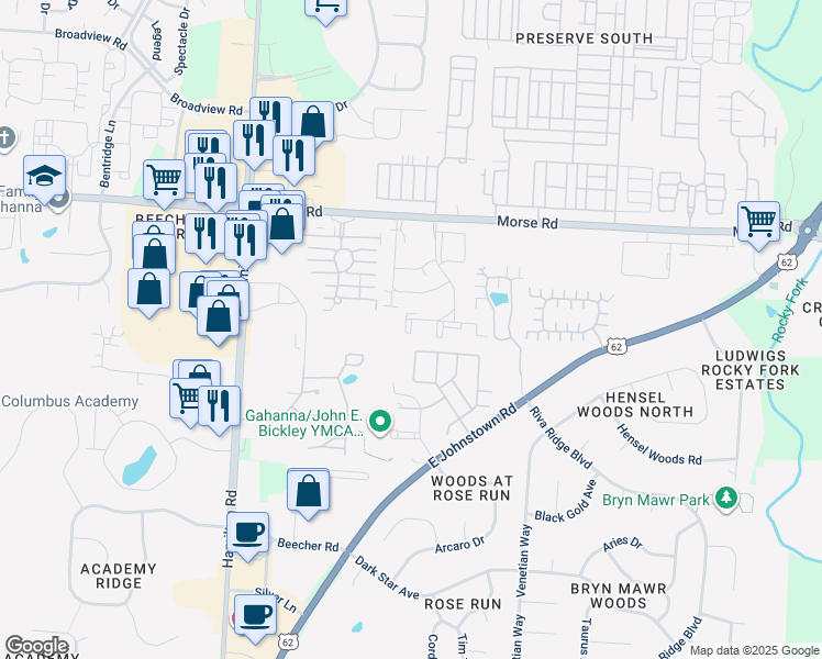 map of restaurants, bars, coffee shops, grocery stores, and more near Tobey Drive in Gahanna