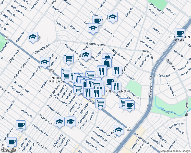 map of restaurants, bars, coffee shops, grocery stores, and more near 2136 Vista Street in Philadelphia