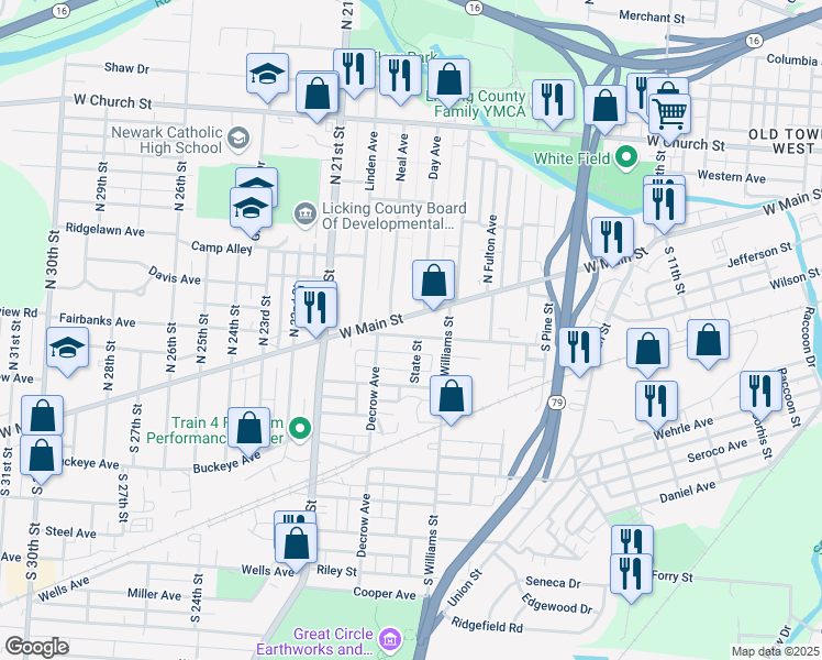 map of restaurants, bars, coffee shops, grocery stores, and more near 160 Maholm Street in Newark