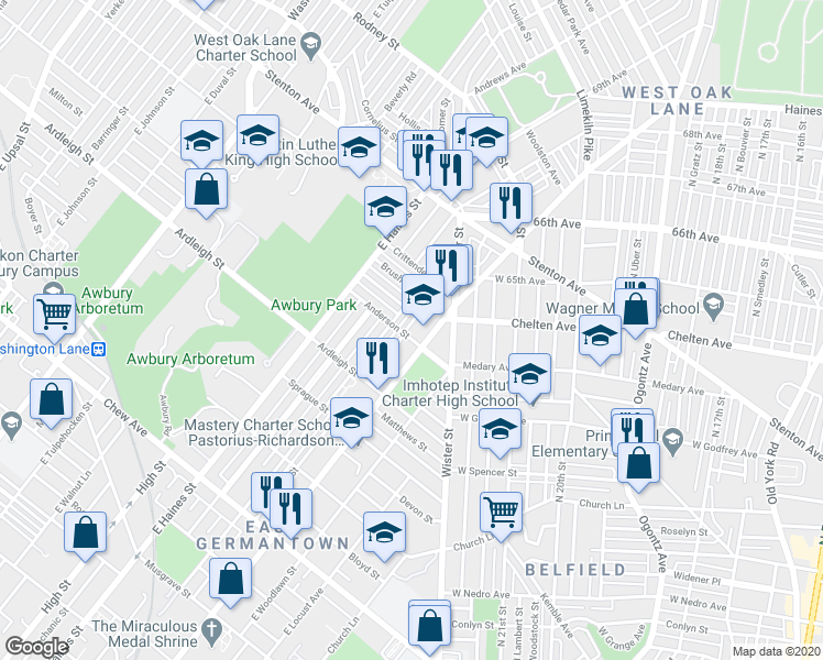 map of restaurants, bars, coffee shops, grocery stores, and more near 1206 East Stafford Street in Philadelphia