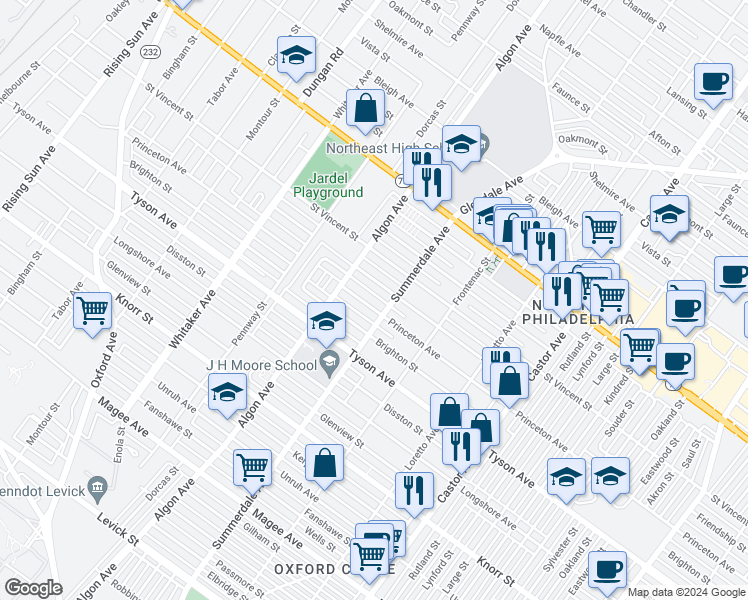 map of restaurants, bars, coffee shops, grocery stores, and more near 1131 Princeton Avenue in Philadelphia