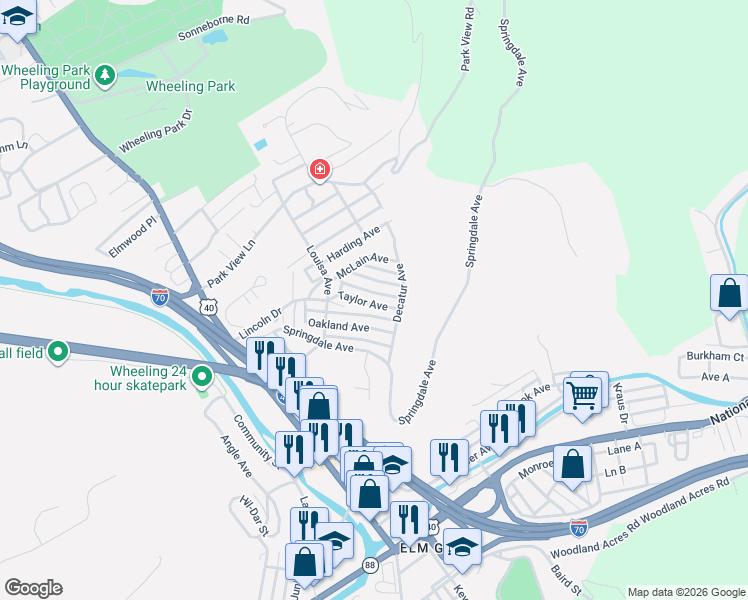 map of restaurants, bars, coffee shops, grocery stores, and more near 116 Taylor Avenue in Wheeling