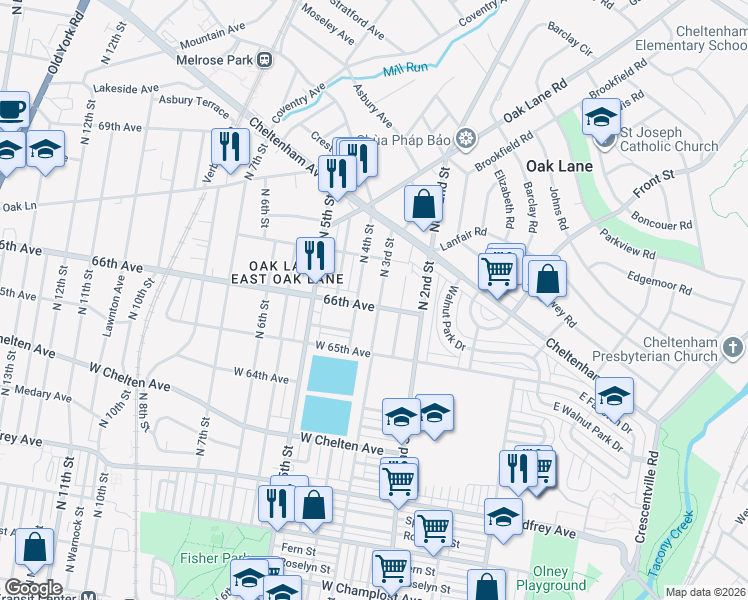 map of restaurants, bars, coffee shops, grocery stores, and more near 6600 North 3rd Street in Philadelphia